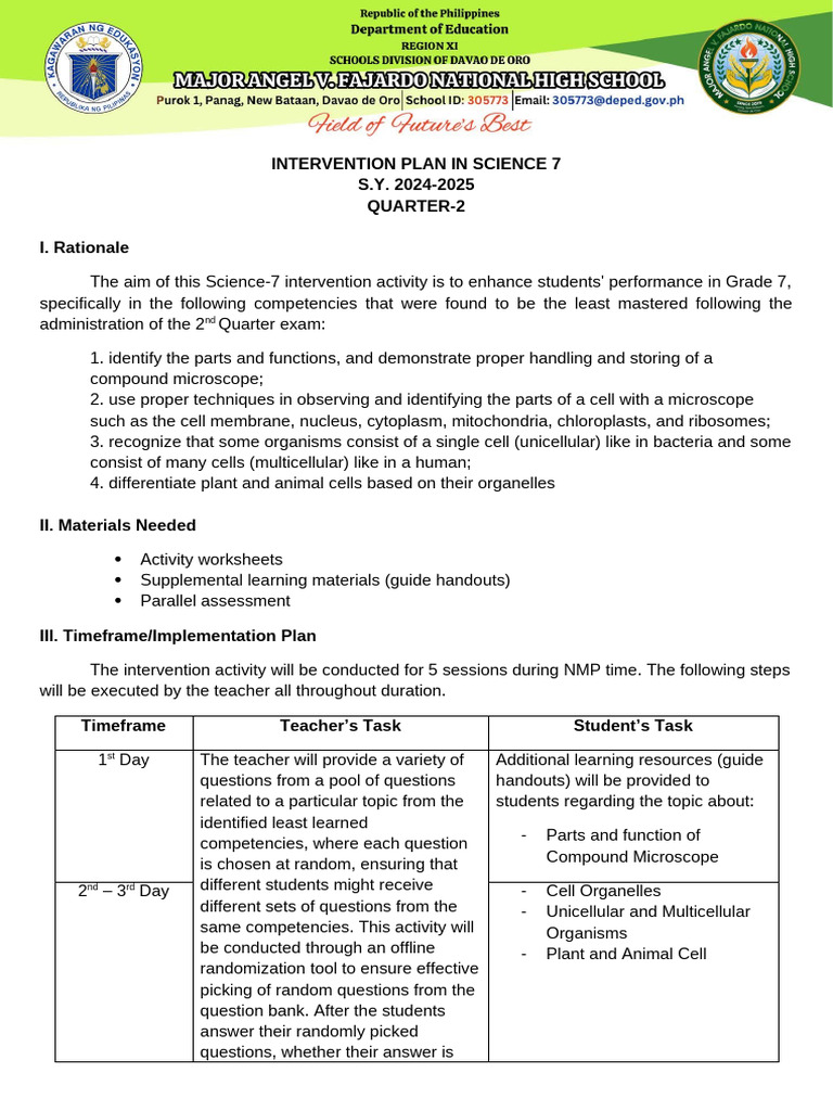 Grade 7 Science Intervention Plan | PDF | Cell (Biology) | Organelle