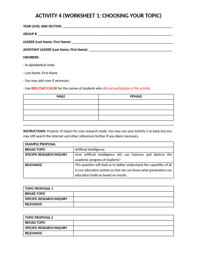 Research Topic Selection Worksheet | PDF