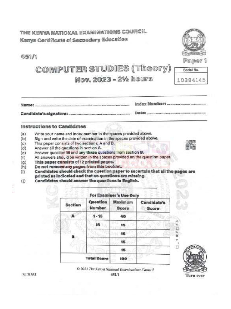 Kcse 2023 Computer Studies Paper 1 - Compressed - 1706239858 | PDF