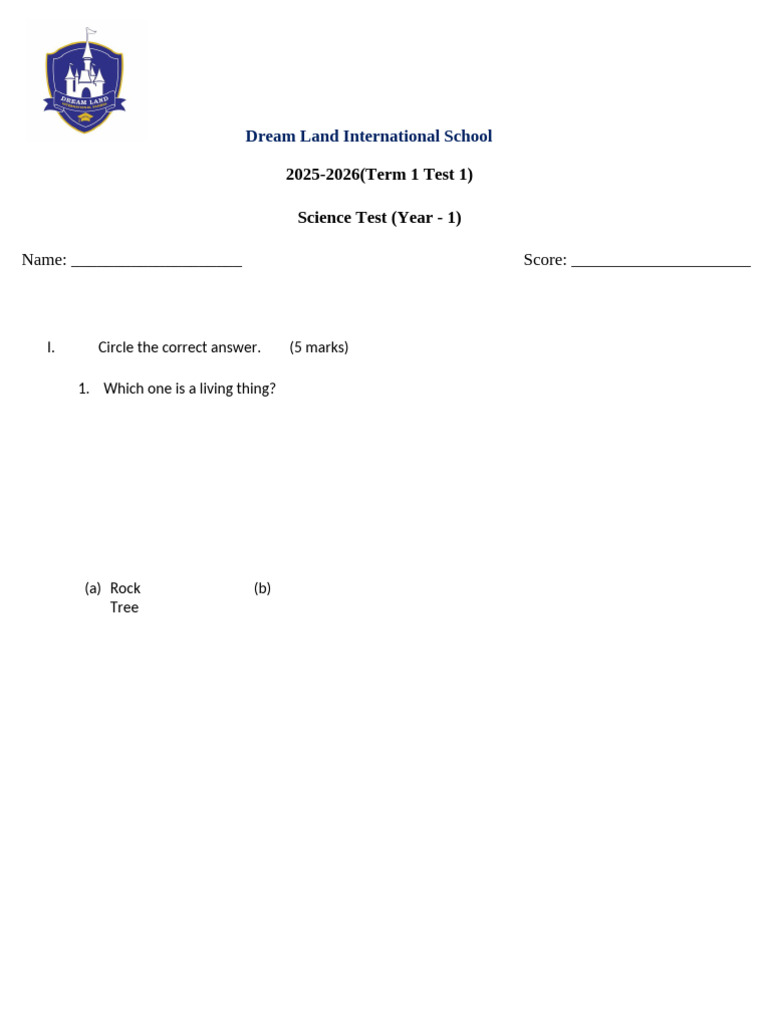 Year 1 Science Test - Dream Land School | PDF