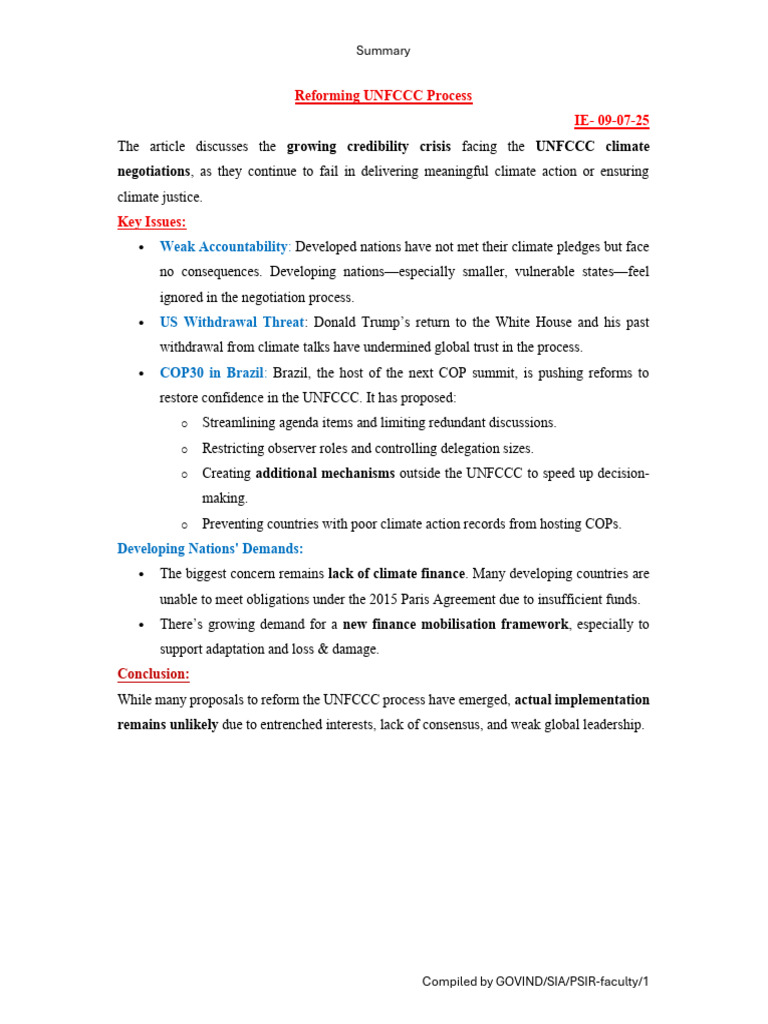 Summary - Reforming UNFCCC Process | PDF