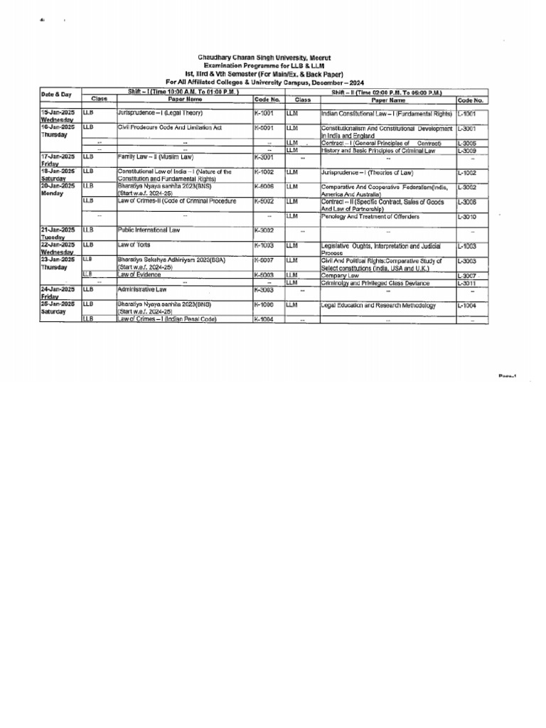 Exam Schedule of LL.B. 1st, 3rd and 5th Semester Dec-2024 | PDF