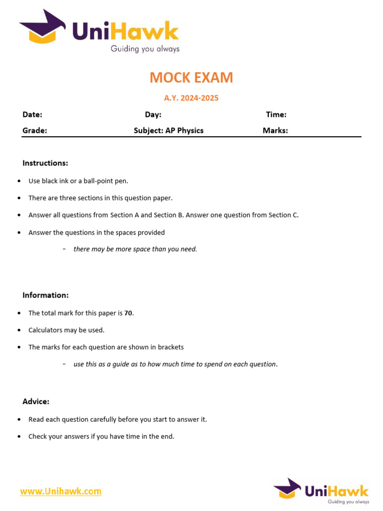 AP Physics Mock Exam 2024-2025 | PDF