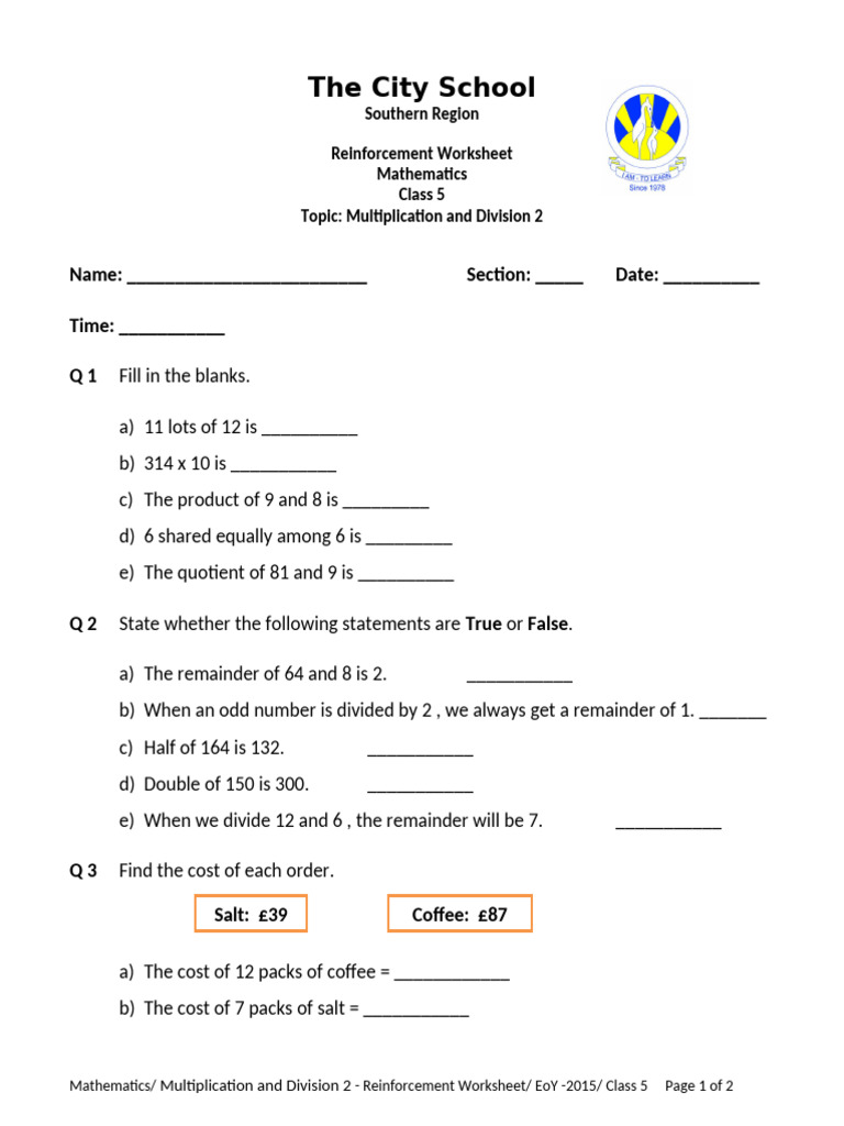 Class 5 Math Worksheet: Multiplication & Division | PDF | Elementary ...