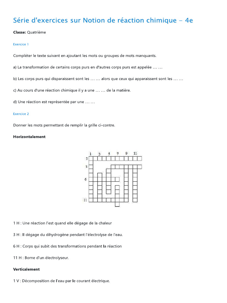 Série D - Exercices Sur Notion de Réaction Chimique - 4e | PDF