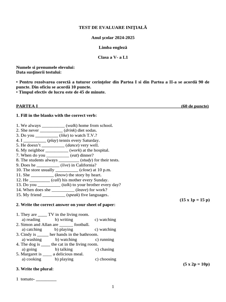Test Evaluare Inițială Engleză Clasa V | PDF