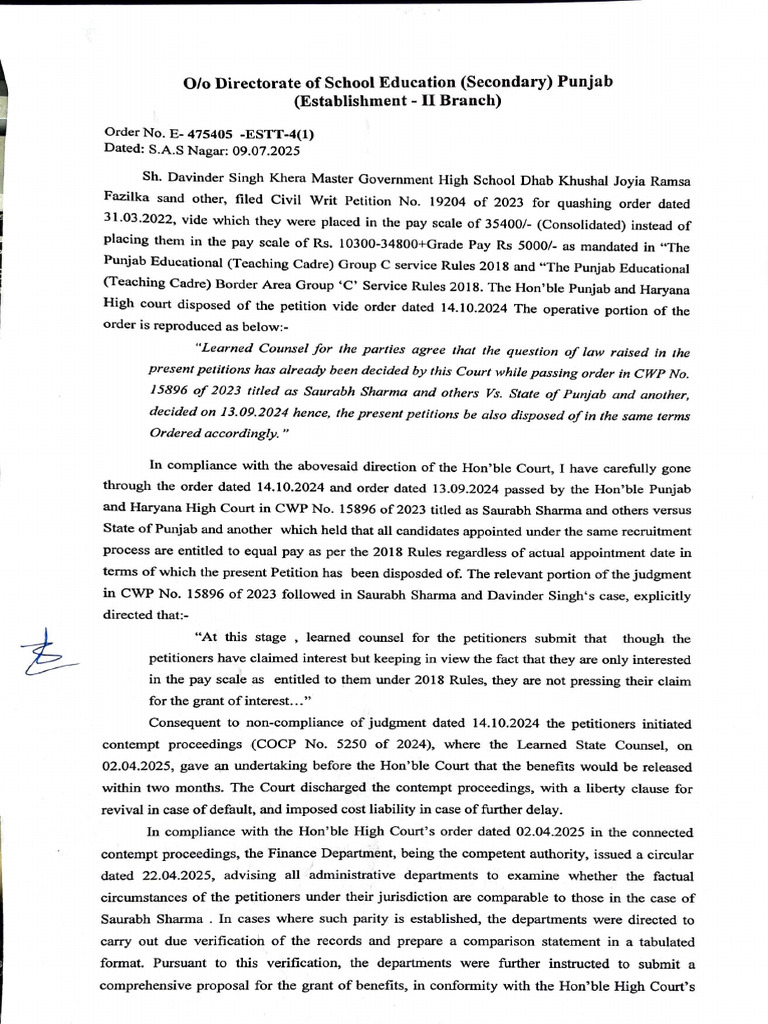 Order on Davinder Singh's Pay Scale | PDF | Judgment (Law) | Justice
