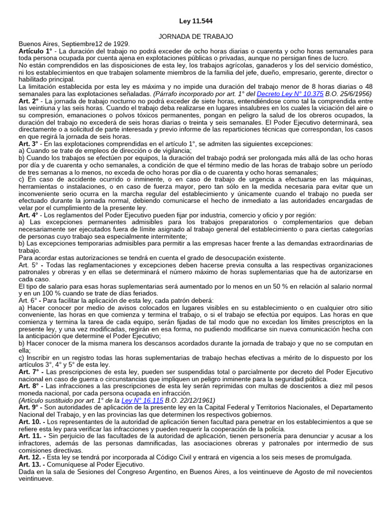 Ley 11.544: Regulación de Jornada Laboral | PDF | Tiempo de trabajo ...
