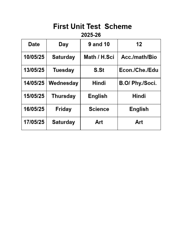 2025-26 Unit Test Schedule | PDF