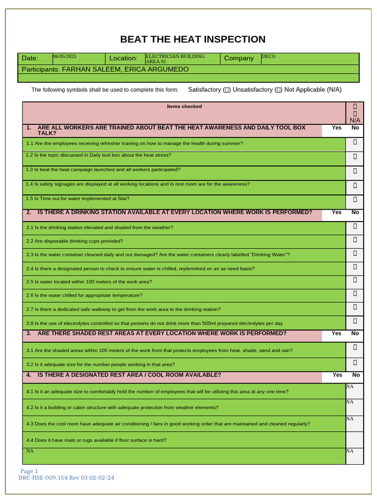 DRC-HSE009.154 Beat The Heat Focused Inspection | PDF