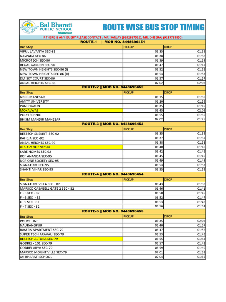 Bus Stop Pickup and Drop Timings | PDF