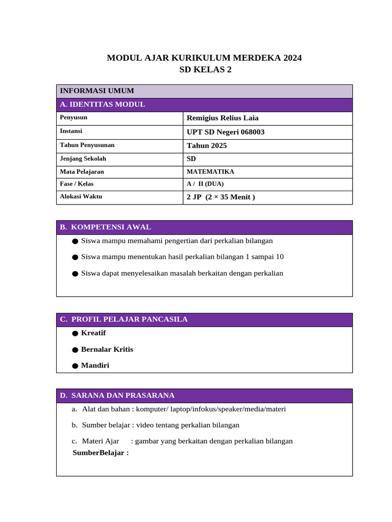 Modul Ajar Matematika SD Kelas 2 2024 | PDF