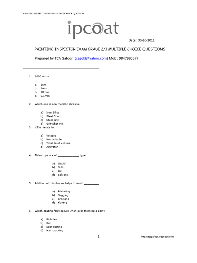 Painting Inspector Exam MCQs Guide | PDF | Paint | Rust