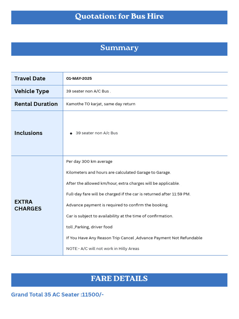 Bus Hire Quotation Sample | PDF