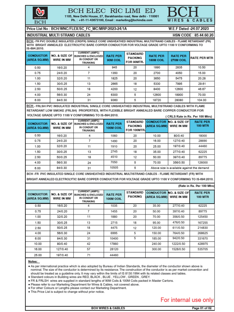 BCH Electric Cable Price List 2023 | PDF | Electrical Conductor | Wire
