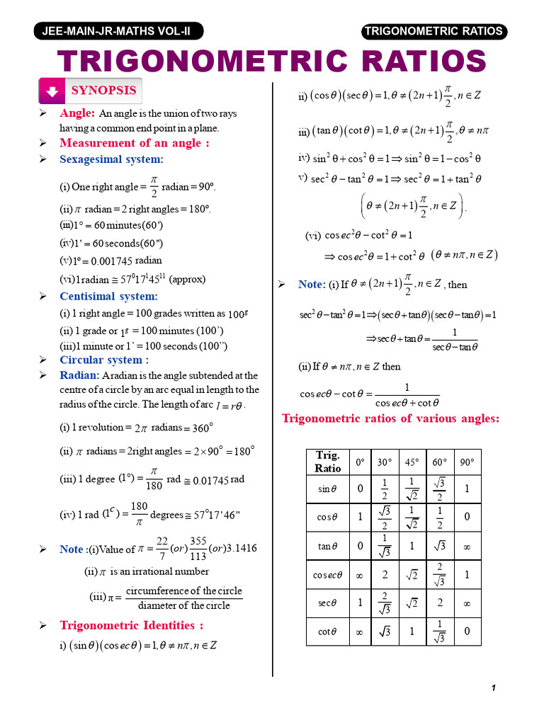 Trigonometric Identities and Ratios | PDF | Circle | Elementary Mathematics