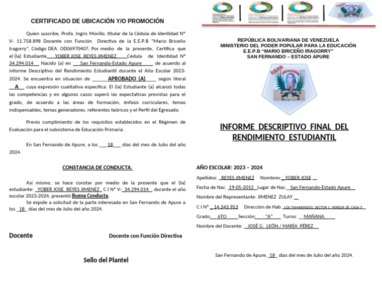 Certificado de Promoción Escolar 2024 | PDF