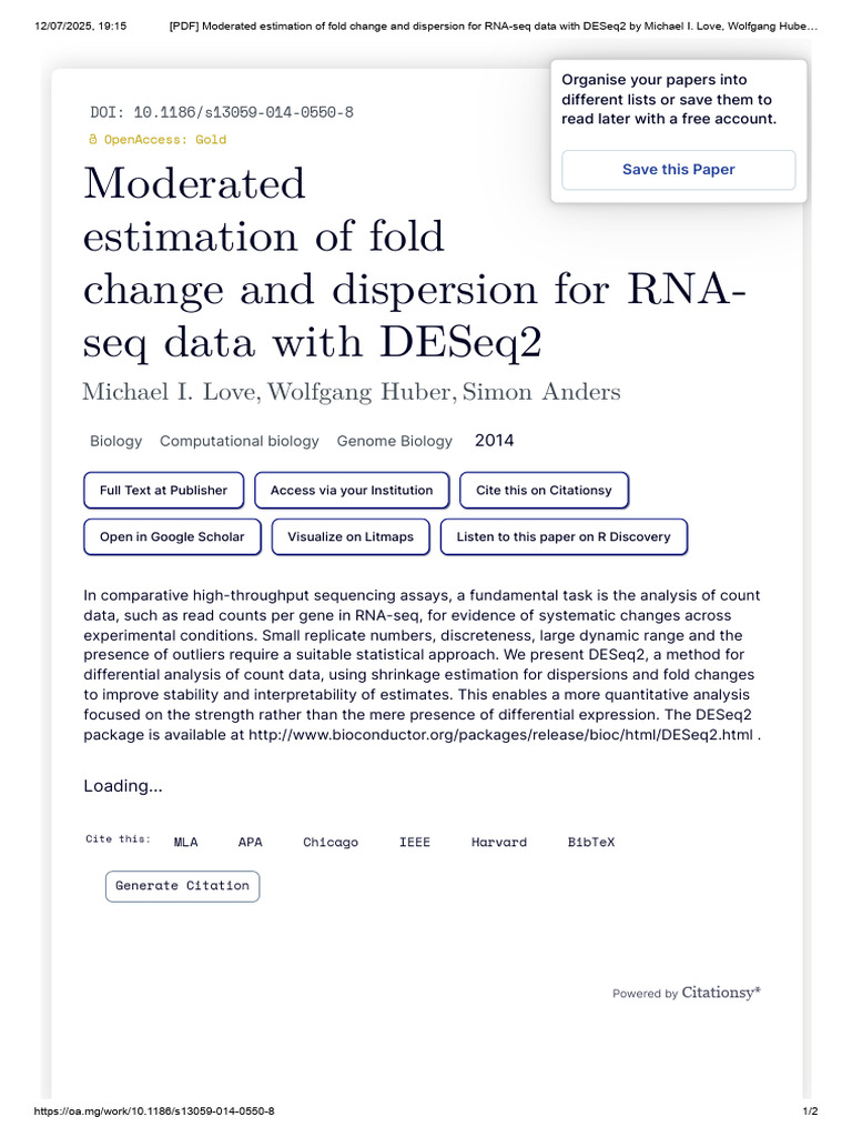 DESeq2: RNA-seq Data Analysis 2014 | PDF | Data | Citation