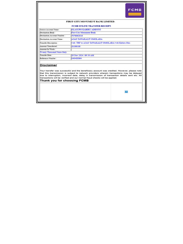 FCMB Transfer Receipt: 20,000 Naira | PDF