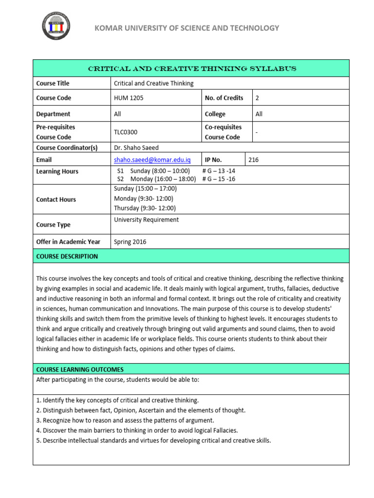 Critical and Creative Thinking Syllabus | PDF | Thought | Argument