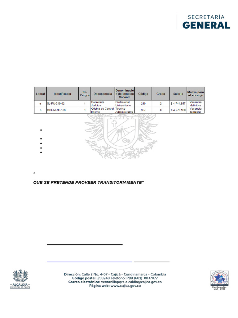CONVOCATORIA INTERNA PARA PROVISIÓN DE CARGOS EN ENCARGO No. 11 DE 2025 ...