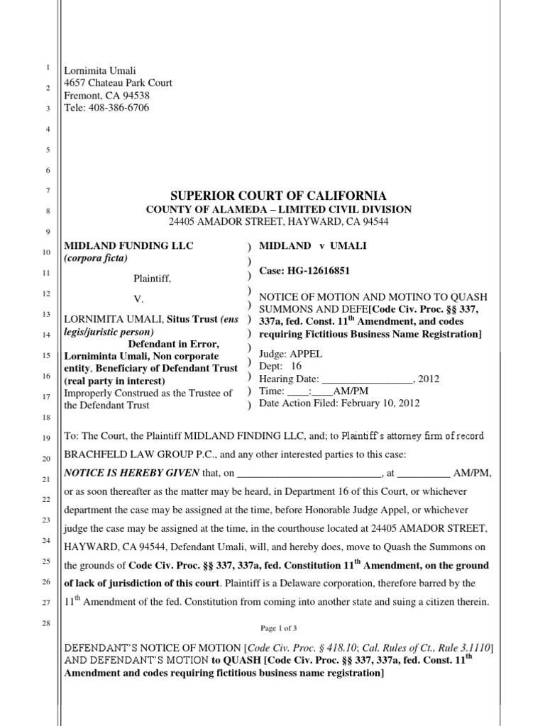 Notice of Motion-Quash  PDF  Lawsuit  Complaint