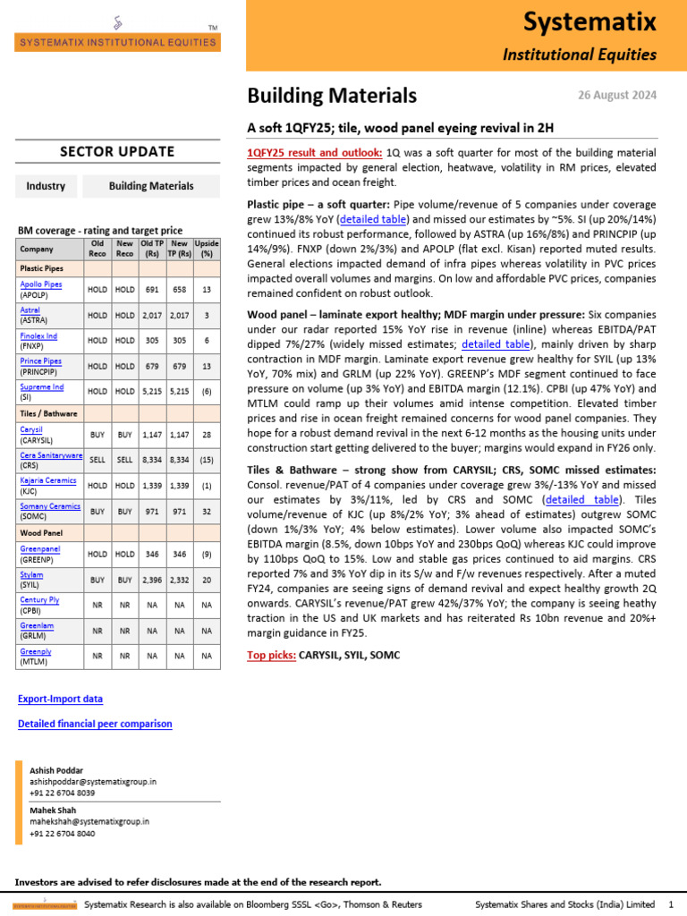 Systematix Update On Building Materials A Soft 1QFY25 Tile, Wood | PDF ...