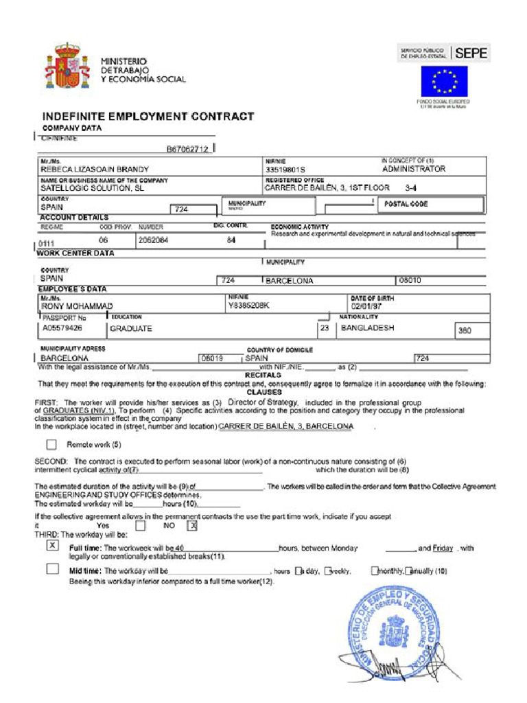 Spanish Work Contract Tony | PDF