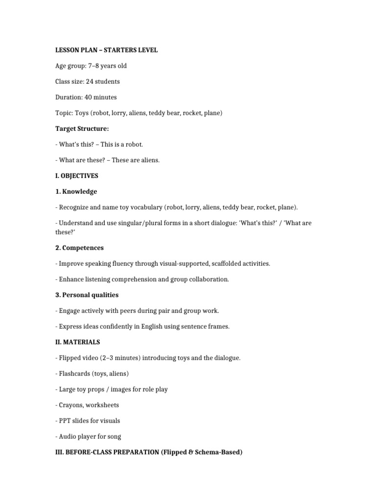 Toys Lesson Plan for 7-8 Year Olds | PDF | Toys | Cognitive Science