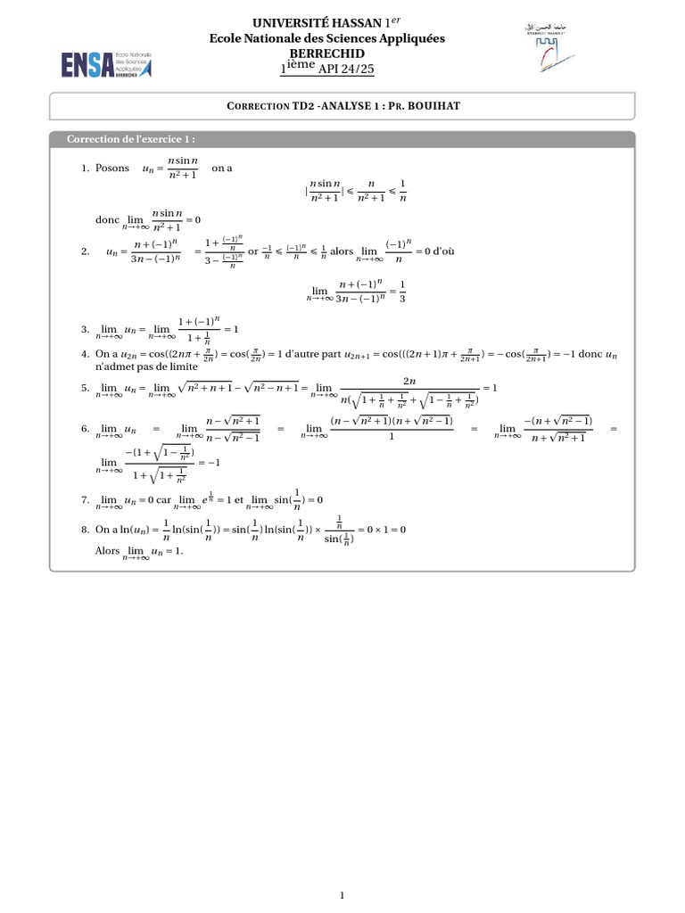 Correction TD2 Analyse 1 - Université Hassan 1er | PDF | Limite ...