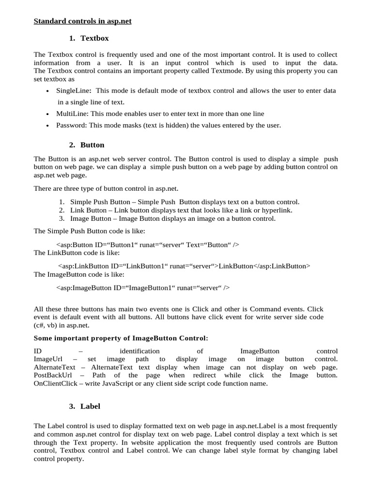 Overview of ASP.NET Standard Controls | PDF | Hyperlink | World Wide Web