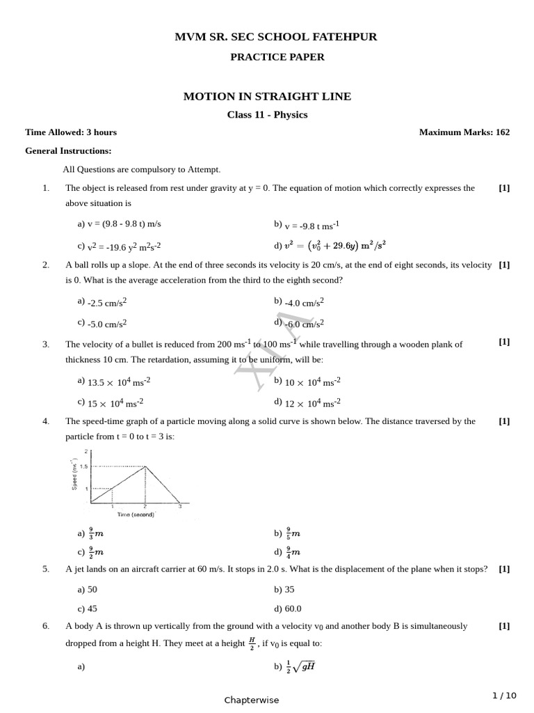 Motion in Straight Line Practice Paper | PDF | Acceleration | Velocity