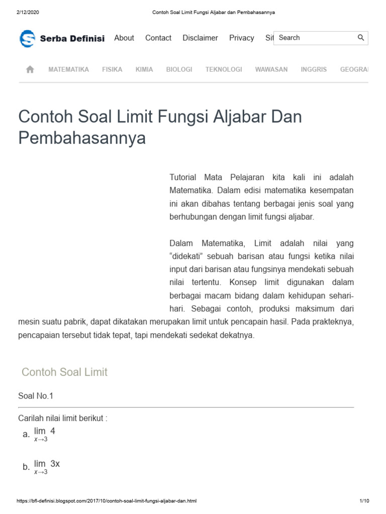 Contoh Soal Limit Aljabar dan Jawaban | PDF