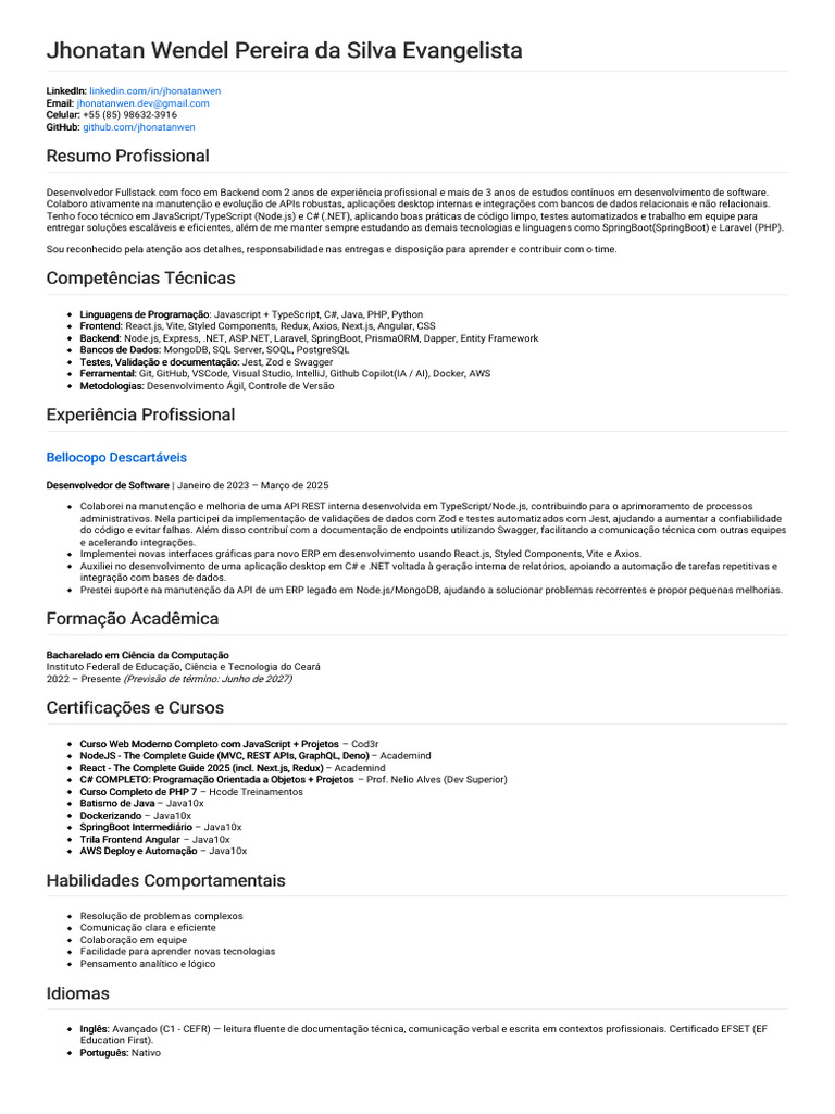 Desenvolvedor Fullstack com 2 Anos de Experiência | PDF | Script Java ...