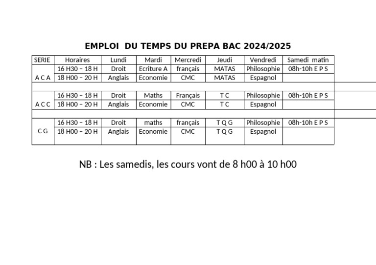 Emploi du Temps Prépa Bac 2024/2025 | PDF