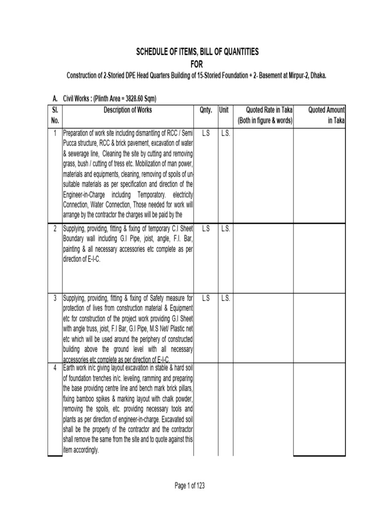 Bill of Quantities for DPE HQ Construction | PDF | Concrete | Deep ...