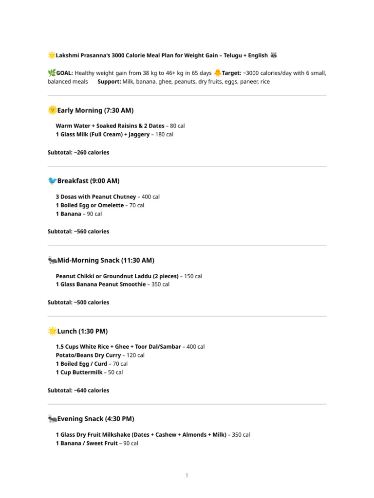 3000 Calorie Meal Plan for Weight Gain | PDF