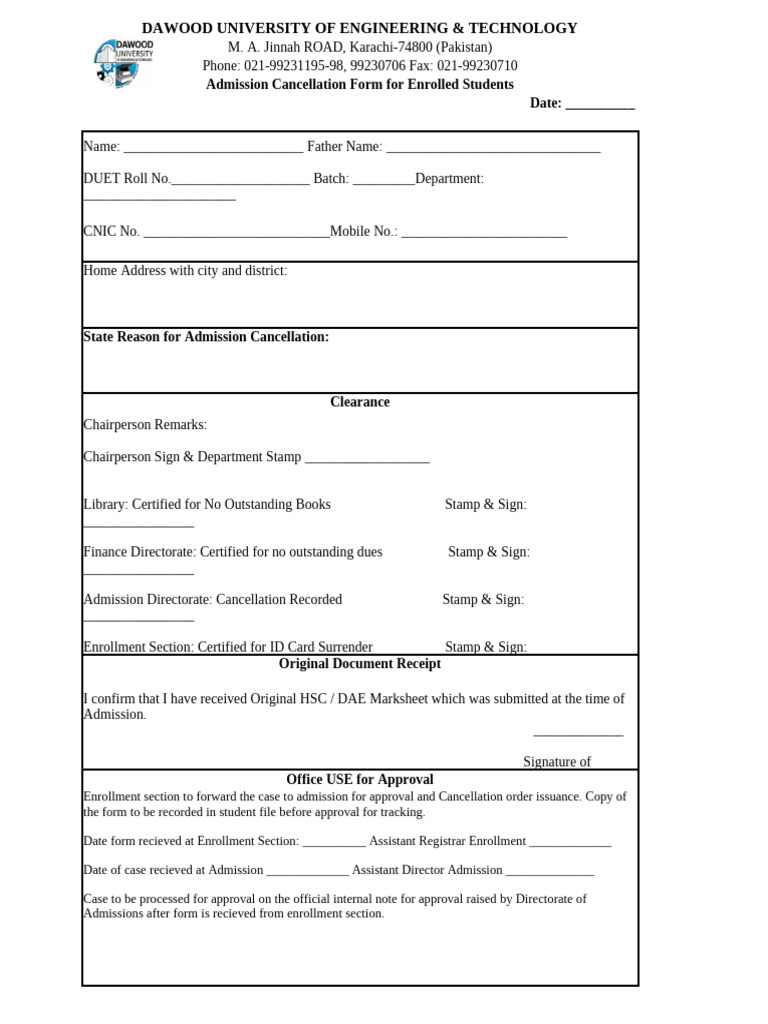 Admission Cancellation Form Template | PDF