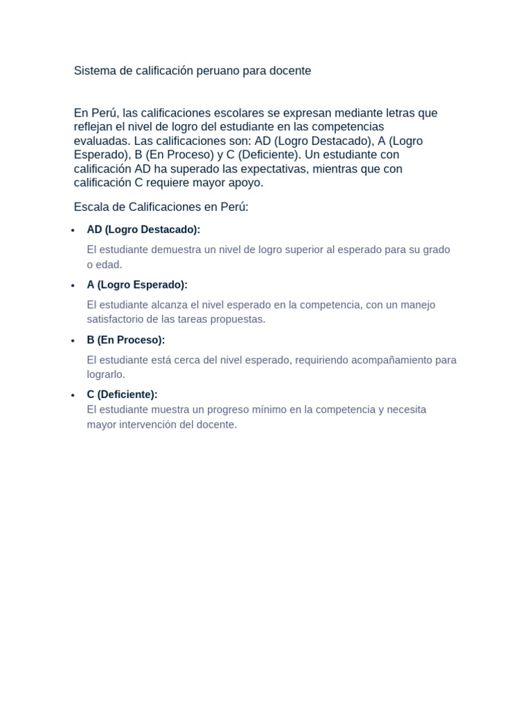Sistema de Calificación Escolar en Perú | PDF