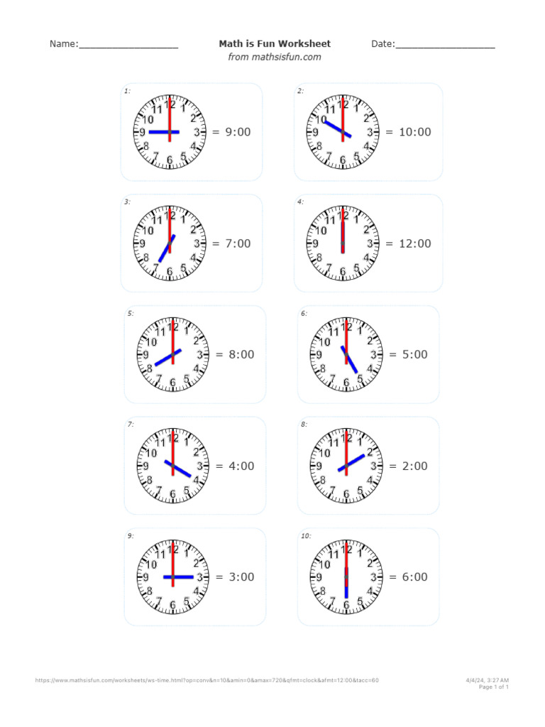 5.5 Tell Time (O'Clock) Answer Sheet | PDF