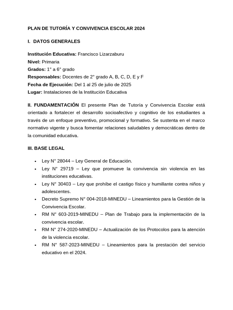 Plan de Convivencia Escolar 2024 | PDF | Enseñando | Escuelas
