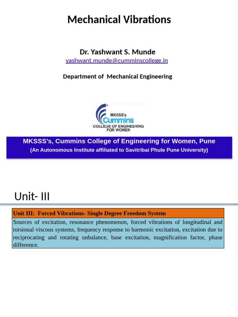 Unit III Damped Forced Vibration of Single Degree Freedom System | PDF ...