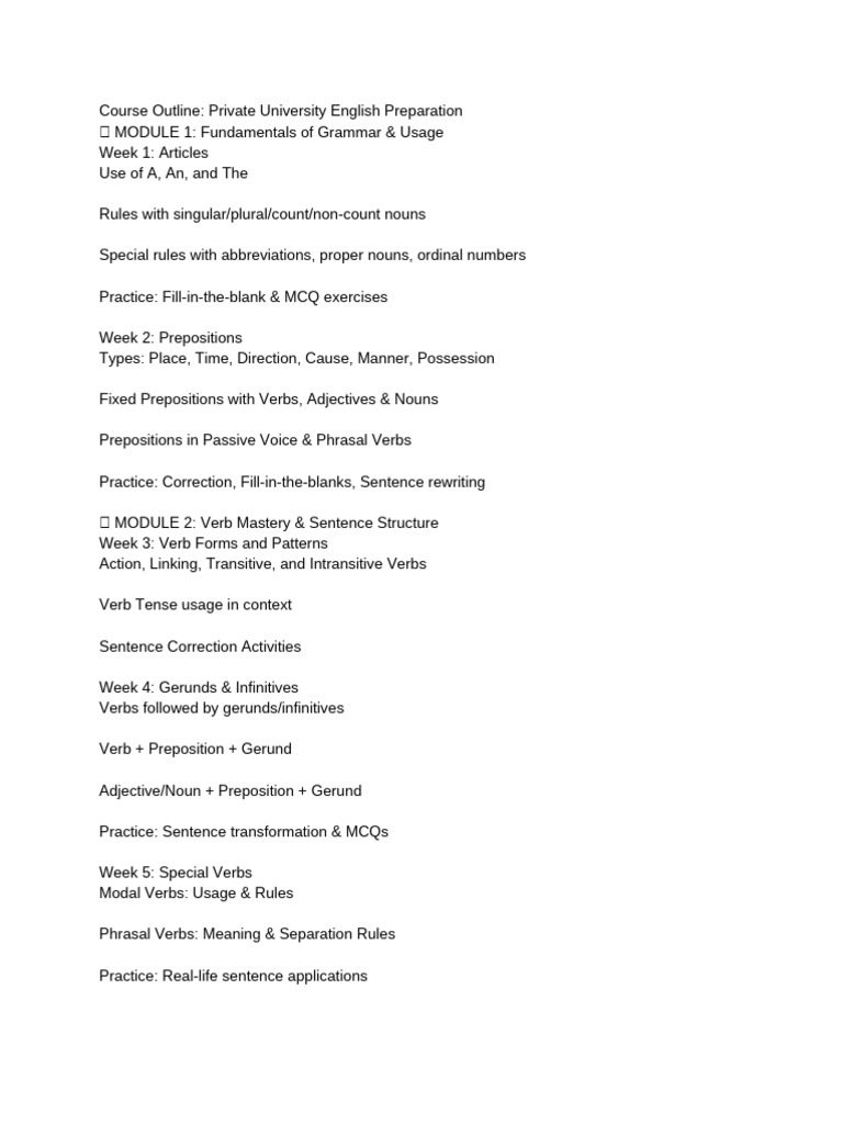 English Prep Course Outline for University | PDF | Verb | English Language