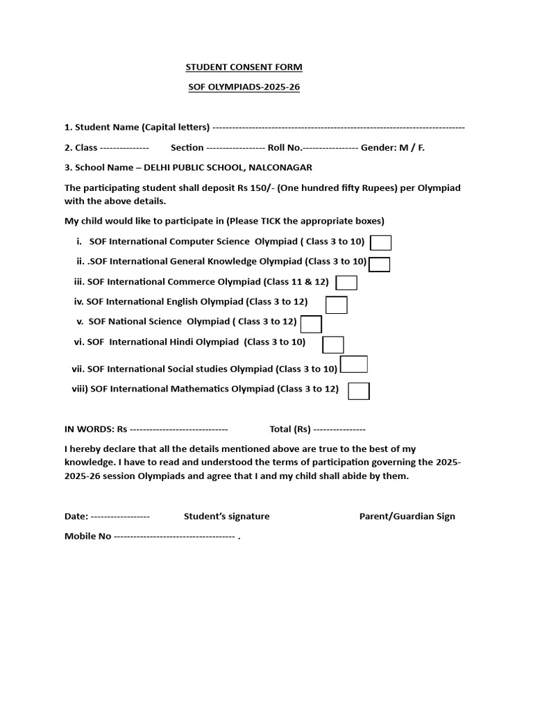 SOF Olympiad Student Consent Form 2025-26 | PDF