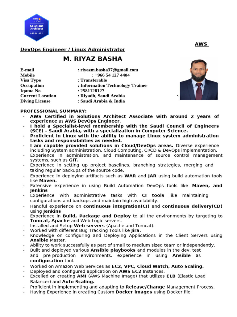 AWS DevOps Engineer Profile in Saudi Arabia | PDF | Cloud Computing ...