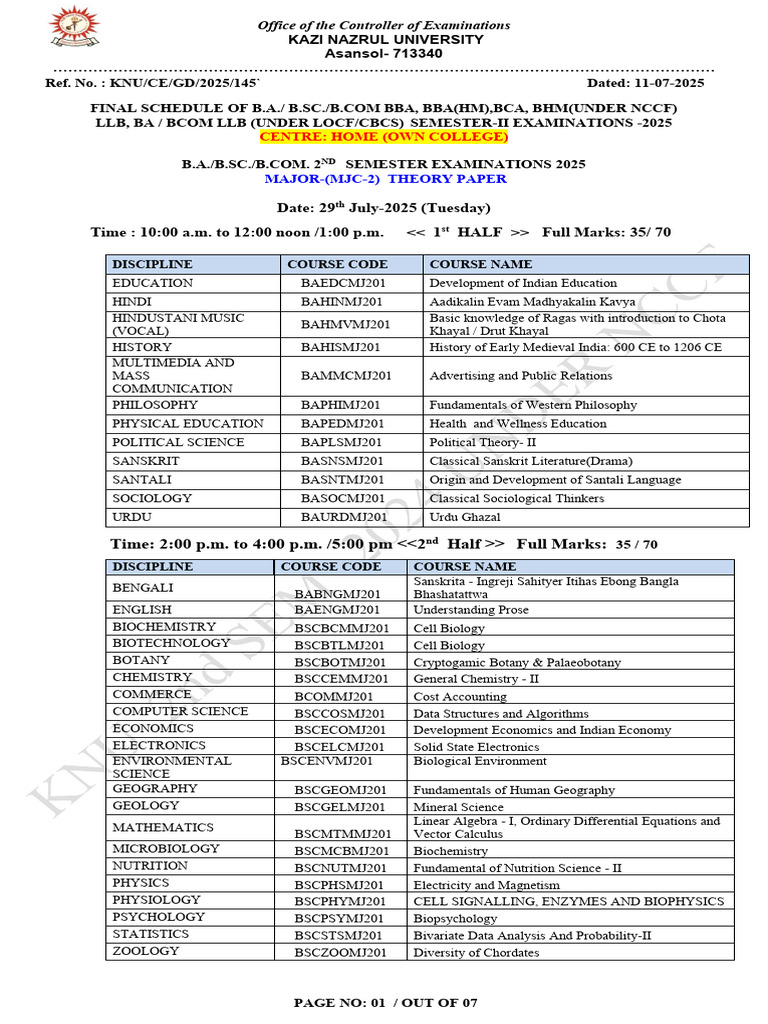 KNU 2025 2nd Semester Exam Schedule | PDF | Science | Mathematical Analysis