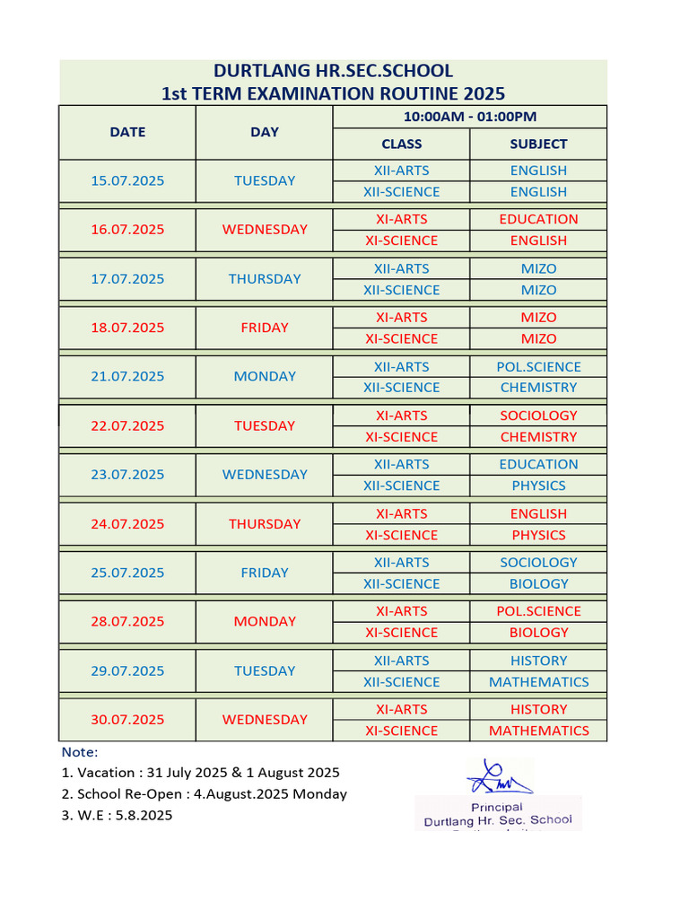 2025 1st Term Exam Schedule | PDF
