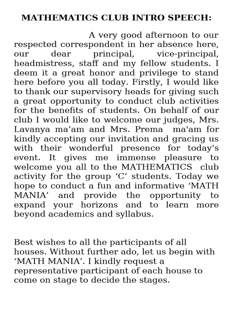 Maths Club Inauguration Speech | PDF