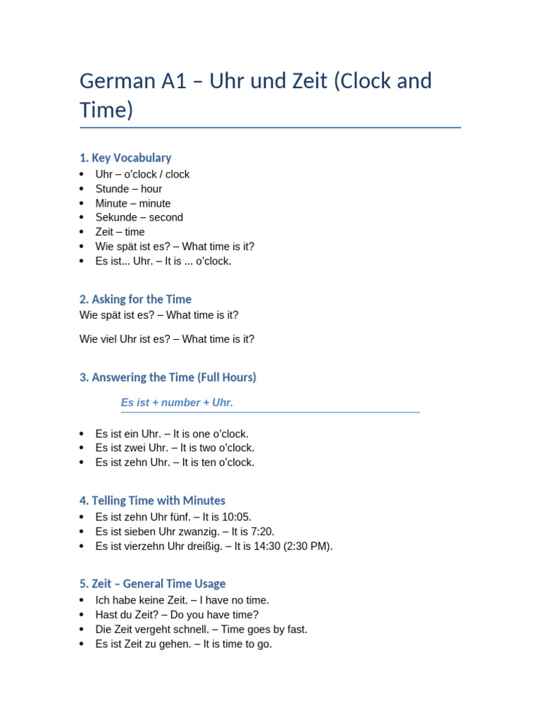 Uhr Und Zeit German A1 Notes | PDF