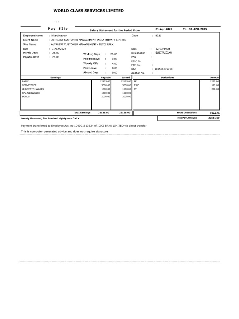 Salary Slip for World Class Services | PDF